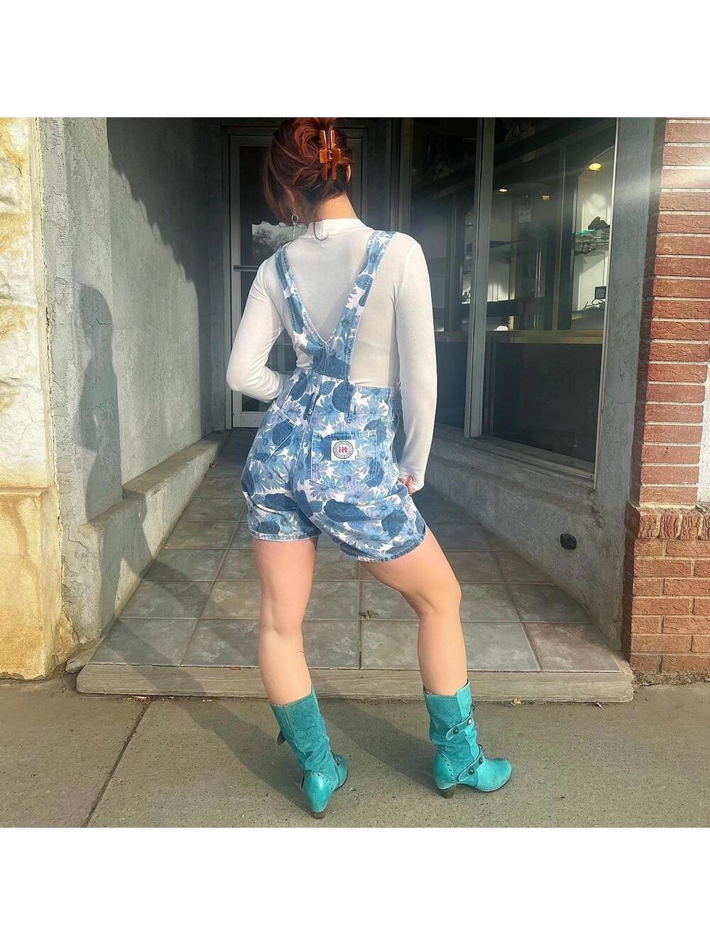 Vintage 80s iit Floral Denim Look High Waist Shortalls Size M - Picture 3 of 7